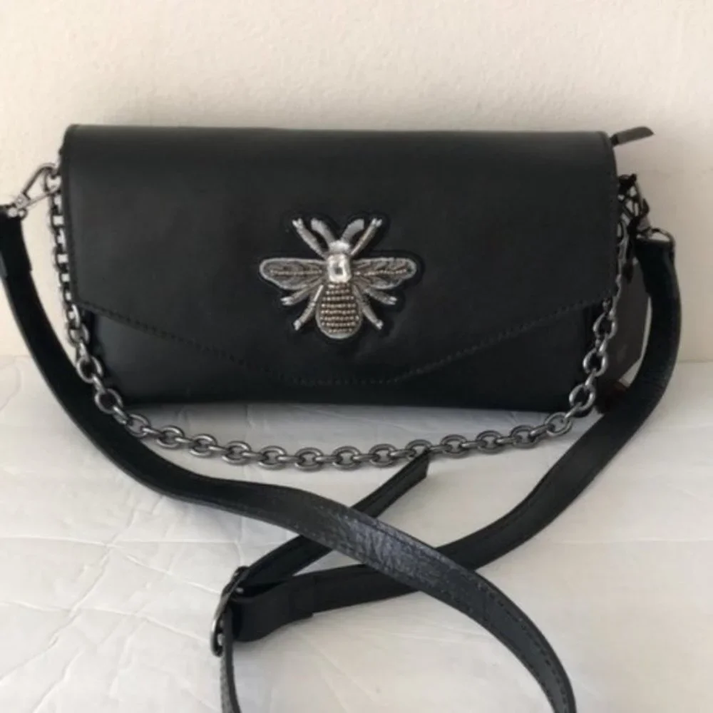 House of Harlow 1960 Gen Leather Crossbody Handbag Black Italy Bee Accent